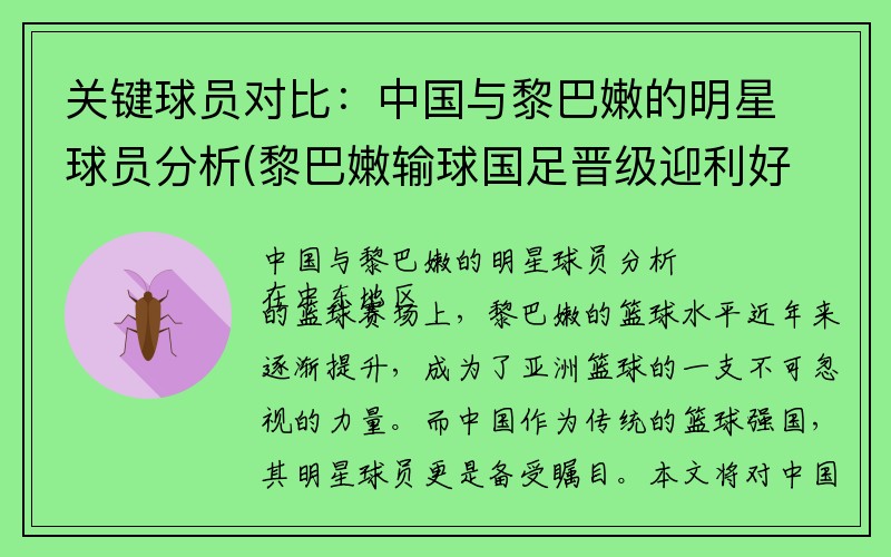 关键球员对比：中国与黎巴嫩的明星球员分析(黎巴嫩输球国足晋级迎利好)