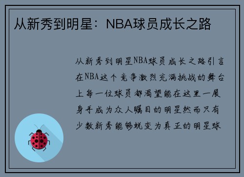 从新秀到明星：NBA球员成长之路