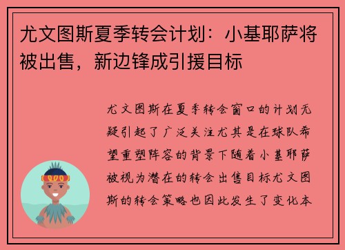 尤文图斯夏季转会计划：小基耶萨将被出售，新边锋成引援目标