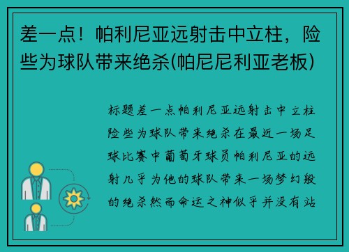 差一点！帕利尼亚远射击中立柱，险些为球队带来绝杀(帕尼尼利亚老板)